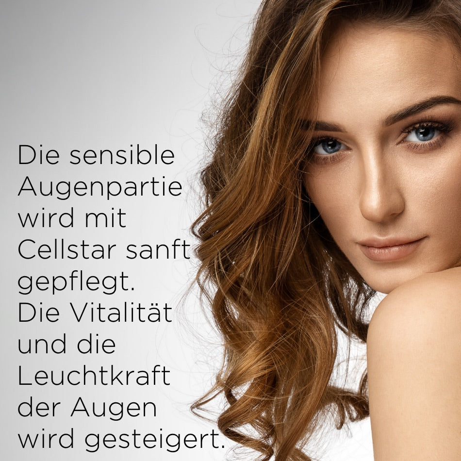 Das Bild zeigt eine Frau mit langen, leicht gewellten Haaren, die in die Kamera schaut. Daneben steht der Text: "Die sensible Augenpartie wird mit Cellstar sanft gepflegt. Die Vitalität und die Leuchtkraft der Augen wird gesteigert."
