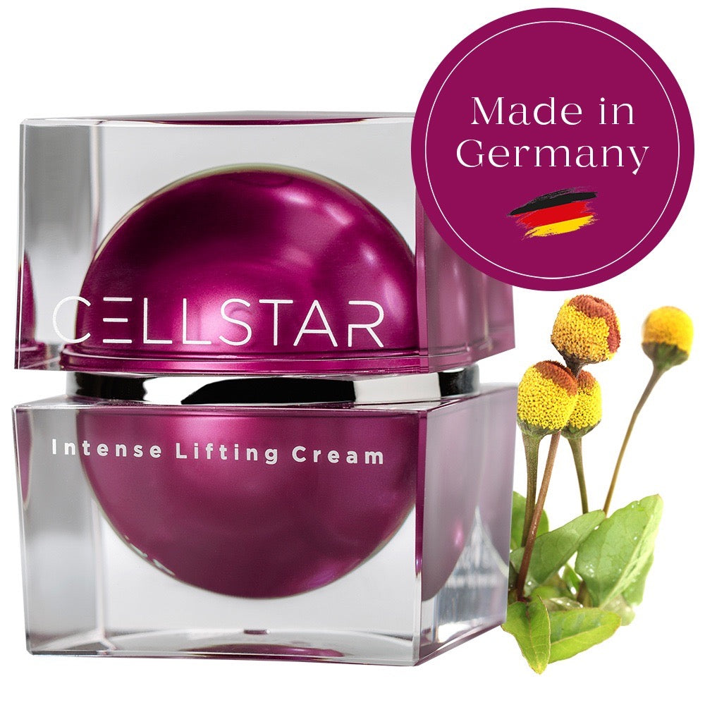 Das Bild zeigt die Cellstar Intense Lifting Cream in einem stilvollen magentafarbenen Tiegel mit dem Hinweis "Made in Germany". Die Creme bietet eine einzigartige Wirkstoffkombination, die gegen alle Arten von Falten wirkt, die Gesichtskontur festigt, Pigmentflecken verschwinden lässt und die Haut intensiv mit Feuchtigkeit versorgt. Neben der Creme ist eine Pflanze abgebildet, die natürliche Inhaltsstoffe symbolisiert.