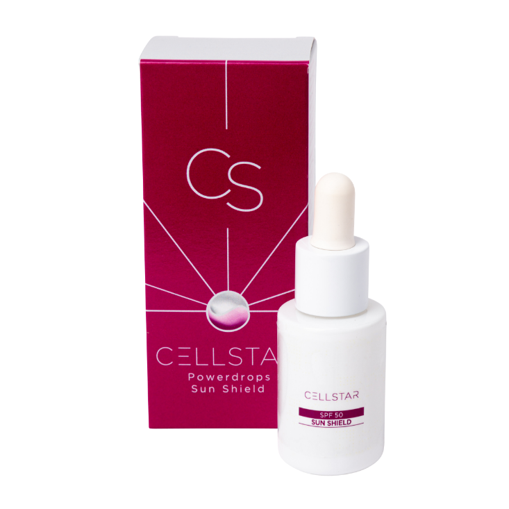 Die Cellstar Powerdrops Sun Shield SPF 50 bieten intensiven Sonnenschutz und Pflege in einem Produkt. Gezeigt wird die weiße Flasche mit Pipette und die pinke Verpackung. Mit einem hohen Lichtschutzfaktor schützt dieses Produkt die Haut zuverlässig vor schädlichen UV-Strahlen und beugt Hautalterung durch Sonneneinwirkung vor. Ideal für die tägliche Anwendung, um die Haut zu schützen.
