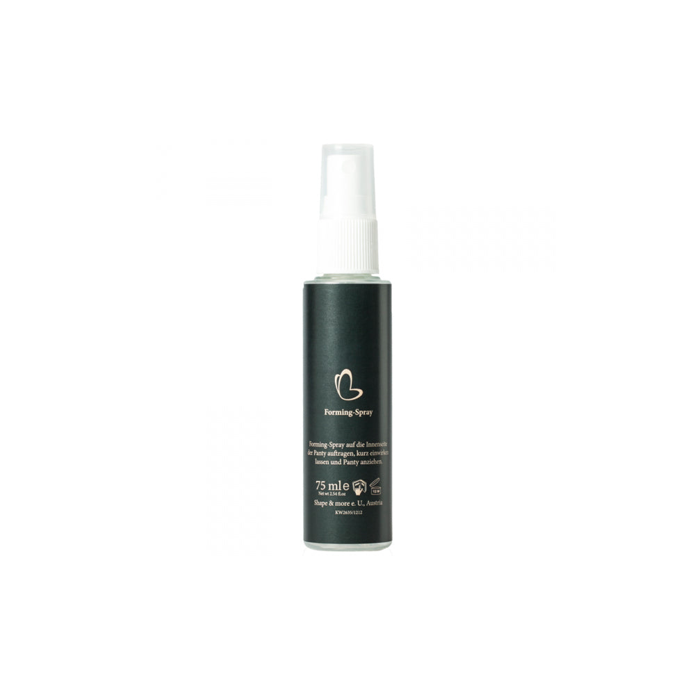 Abbildung des Forming Sprays von "Marie - Beste Freundin" in einer 75 ml Flasche mit schlichtem, dunklem Design. Dieses Spray wird zur Anwendung mit der Shapeweare Marie Panty und Marie Bolero empfohlen und kann auf die Innenseite von Bolero oder Panty aufgetragen werden, um die Formung und Pflege der Haut zu unterstützen.