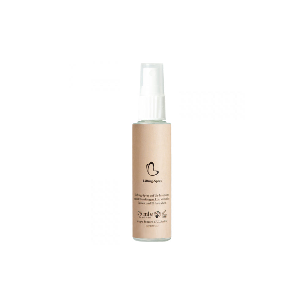 Abbildung des Lifting Sprays von "Marie - Beste Freundin" in einer 75 ml Flasche mit schlichtem Design und beigem Etikett. Das Spray unterstützt die Straffung und Pflege des Dekolletés und wird zur Anwendung auf mit der Shapewear Marie Bra empfohlen.