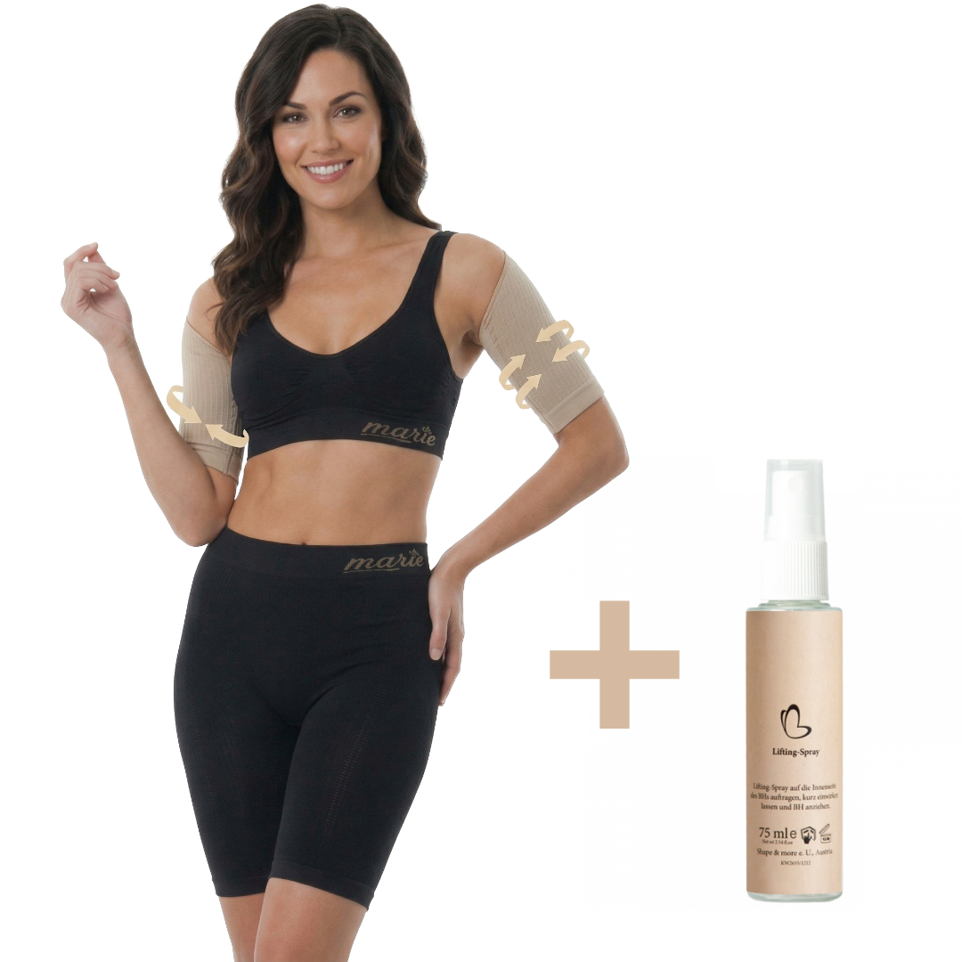 Produktbild des Marie Sets von der innovativen Shapewear-Marke Marie - Beste Freundin, bestehend aus der Mary Panty, dem Lifting-Spray und dem Marie Bra. Die Mary Panty und der Marie Bra sind in Schwarz gehalten und bieten gezielte Unterstützung, während der Lifting-Spray für Hautstraffung und Pflege sorgt.