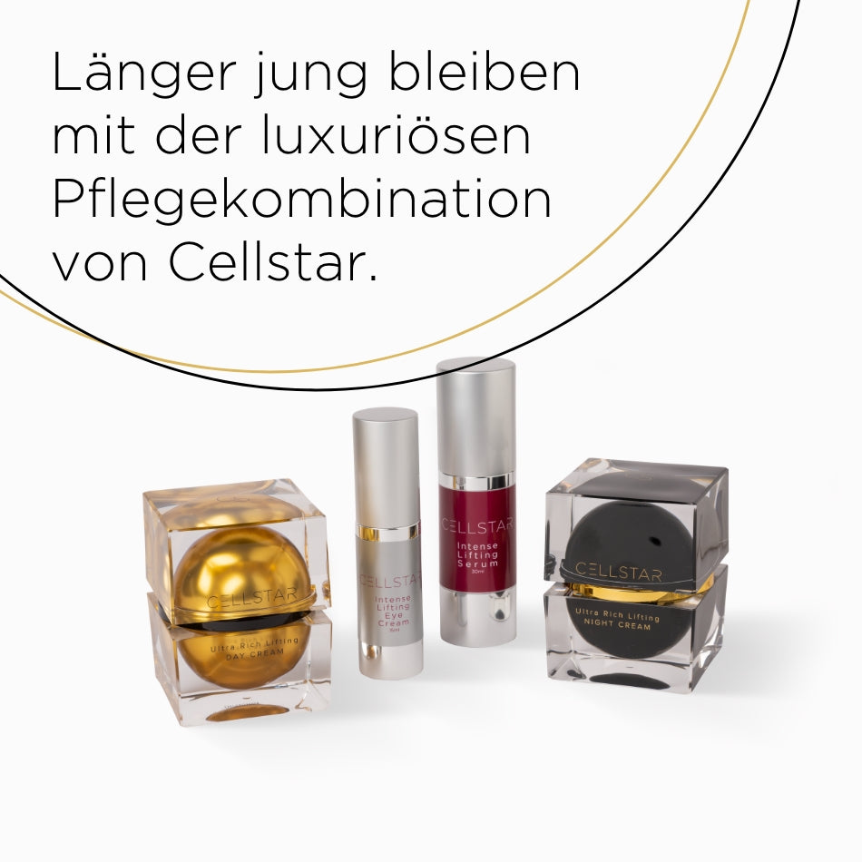 Das Bild zeigt eine luxuriöse Pflegekombination von Cellstar, bestehend aus der Ultra Rich Lifting Day Cream, Intense Eye Cream, Intense Lifting Serum und Ultra Rich Lifting Night Cream. Diese exklusive Produktlinie bietet eine einzigartige, hochdosierte Wirkstoffkombination, die Falten und Linien reduziert, die Gesichtskontur festigt und die Haut intensiv mit Feuchtigkeit versorgt. Sie beruhigt und schützt die Haut vor Umwelteinflüssen, strafft und regeneriert.