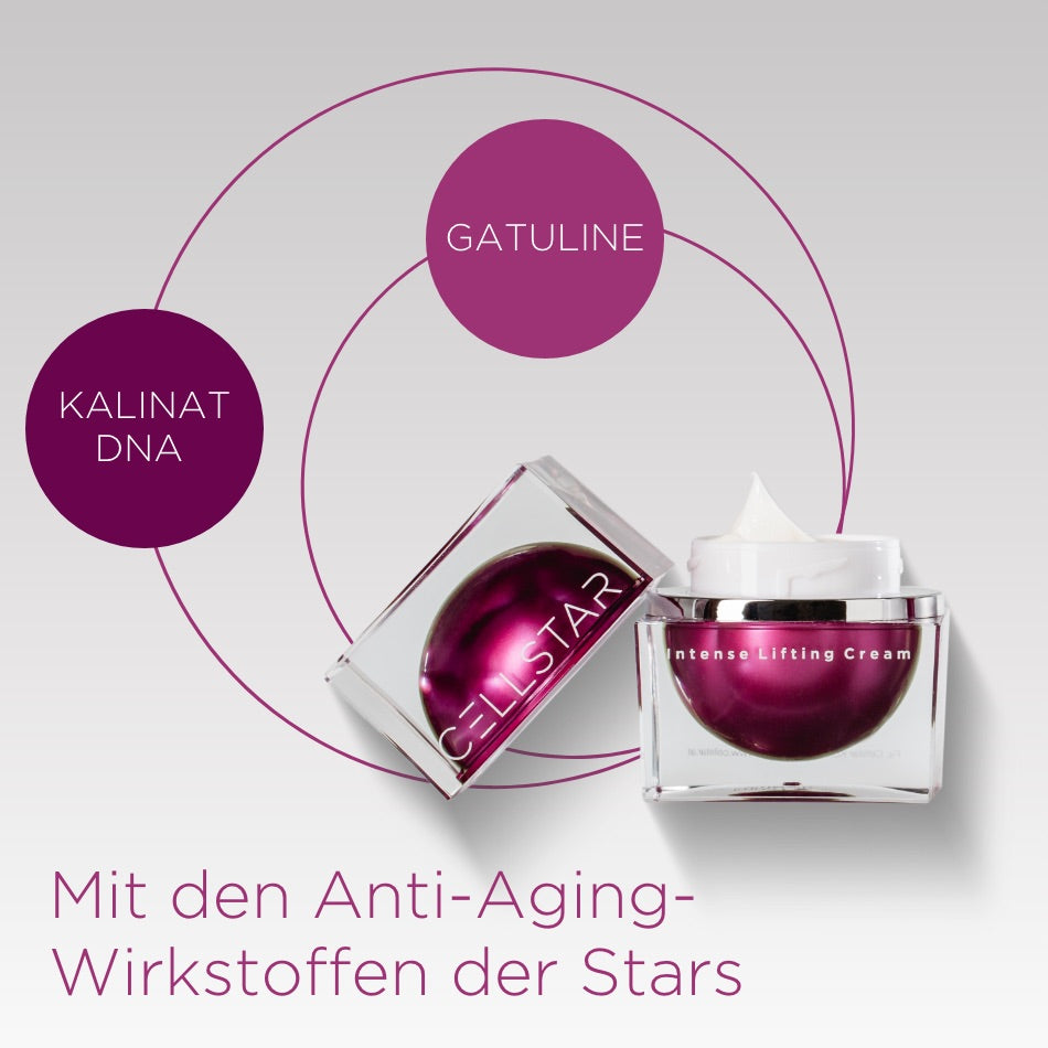 Das Bild zeigt die Cellstar Intense Lifting Cream, die mit den Anti-Aging-Wirkstoffen der Stars Kalinat DNA und Gatuline angereichert ist. Diese Inhaltsstoffe sind bekannt für ihre straffende und regenerierende Wirkung, die Falten reduziert und die Hautstruktur verbessert. Die Creme zielt darauf ab, der Haut Feuchtigkeit und Vitalität zu verleihen, um ein jugendliches Aussehen zu fördern.
