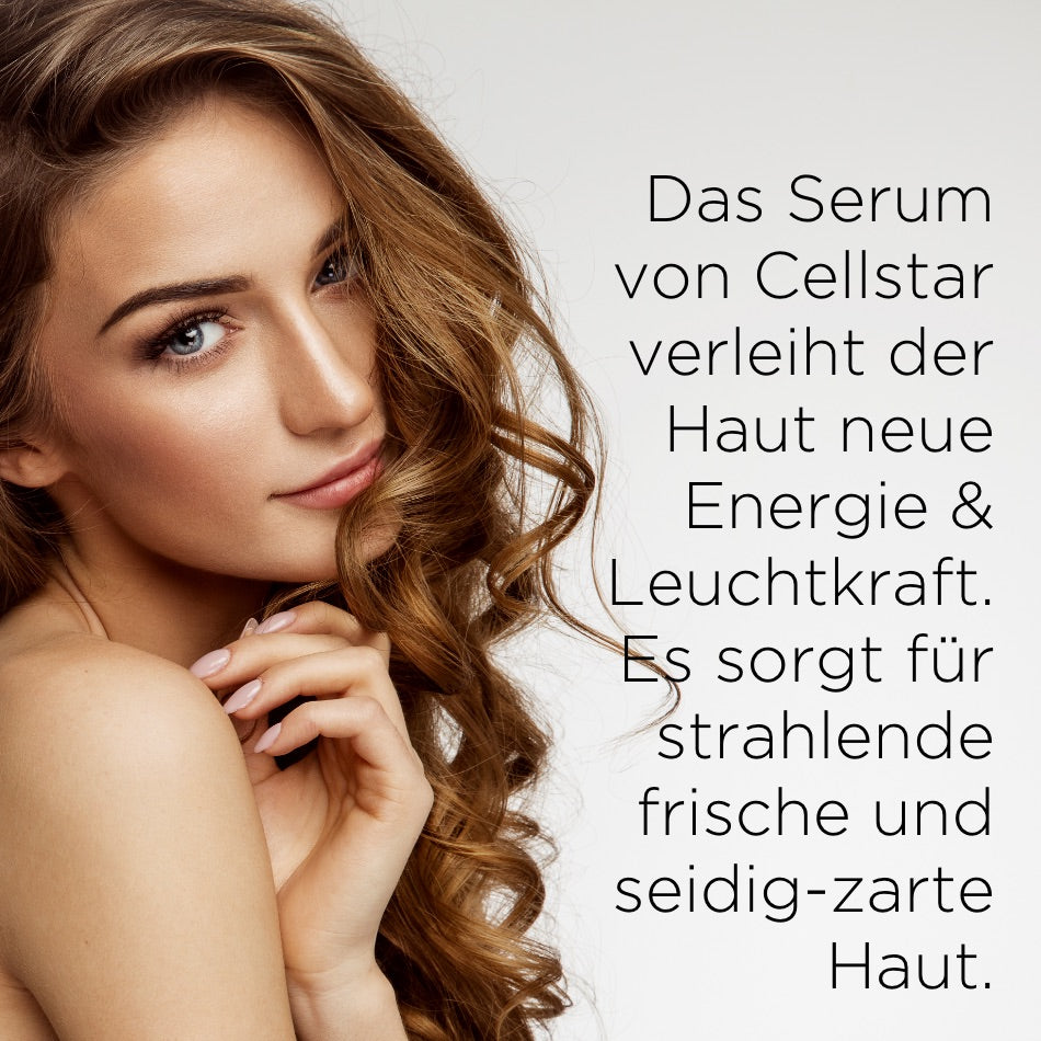 Das Bild zeigt eine Frau mit langen, gewellten Haaren, die sanft in die Kamera lächelt. Neben ihr steht der Text: "Das Serum von Cellstar verleiht der Haut neue Energie & Leuchtkraft. Es sorgt für strahlende, frische und seidig-zarte Haut."