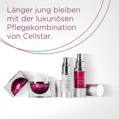 Das Bild zeigt die Cellstar-Produkten für eine umfassende Rundum-Pflege: die Intense Lifting Cream, die Intense Eye Cream und das Intense Lifting Serum. Diese Produkte bieten eine einzigartige Wirkstoffkombination, die gegen alle Arten von Falten wirkt, die Gesichtskontur festigt und die Haut intensiv mit Feuchtigkeit versorgt. Sie verfeinern Poren und verbessern die Hautstruktur, während sie gleichzeitig die Vitalität und Leuchtkraft der Haut steigern.