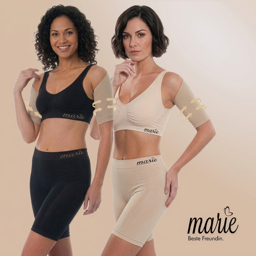 Zwei Frauen präsentieren die Shapewear-Kollektion von „marie – Beste Freundin.“ in Schwarz und Beige. Beide Modelle tragen jeweils den Marie Bra, die Panty und den Bolero mit Pfeil-Illustrationen an den Oberarmen. Unten rechts befindet sich das Logo „marie Beste Freundin.“.   