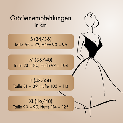 Größentabelle für die Marie Panty von Marie – Beste Freundin in cm. Maße: S (34/36) Taille 65–72 cm, Hüfte 90–96 cm; M (38/40) Taille 73–80 cm, Hüfte 97–104 cm; L (42/44) Taille 81–89 cm, Hüfte 105–113 cm; XL (46/48) Taille 90–99 cm, Hüfte 114–125 cm.