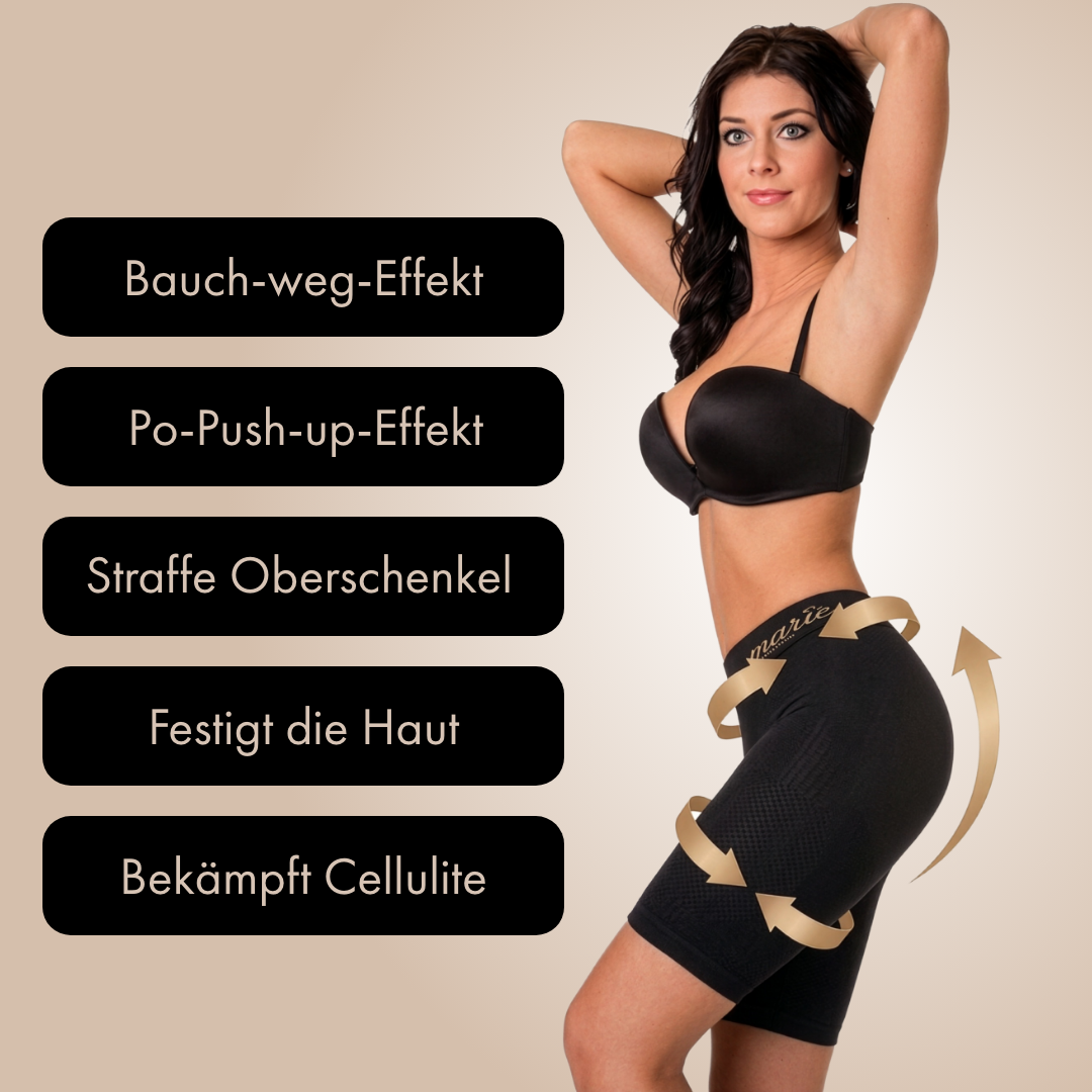 Eine Frau im Profil trägt einen schwarzen BH und eine schwarze Panty der Marke „Marie – Beste Freundin“. Goldene Pfeile umkreisen Hüfte, Po und Oberschenkel. Links stehen fünf schwarze Textfelder mit den Eigenschaften: „Bauch-weg-Effekt“, „Po-Push-up-Effekt“, „Straffe Oberschenkel“, „Festigt die Haut“ und „Bekämpft Cellulite“.