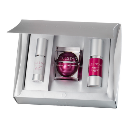 Das Bild zeigt die Cellstar Beauty Box, ein luxuriöses Anti-Aging-Set, das speziell entwickelt wurde, um die Haut ab 35 Jahren sanft an die Antifalten-Gesichtspflege heranzuführen. Die Box enthält die Intense Lifting Cream (50 ml), das Intense Lifting Serum (30 ml) und die Intense Lifting Eye Cream (15 ml). Mit einer einzigartigen Wirkstoffkombination wirkt das Set gegen alle Arten von Falten, festigt die Gesichtskontur, verfeinert Poren und verbessert die Hautstruktur.