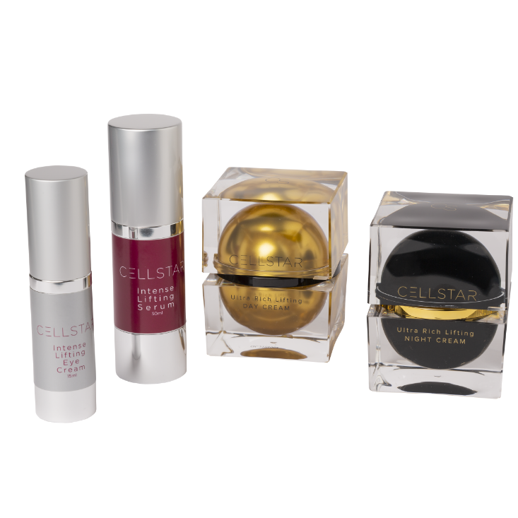 Zu sehen ist das Cellstar Beauty Set Plus, das Geheimnis der Stars für höchste Ansprüche an Anti-Aging-Pflege. Es enthält die Intense Lifting Eye Cream, das Intense Lifting Serum, die Ultra Rich Lifting Day Cream und die Ultra Rich Lifting Night Cream. Die Produkte bieten eine hochdosierte Wirkstoffkombination, die Falten und Linien reduziert, die Gesichtskontur festigt und die Haut vor Umwelteinflüssen schützt. Sie wirken straffend, regenerierend und spenden intensiv Feuchtigkeit.