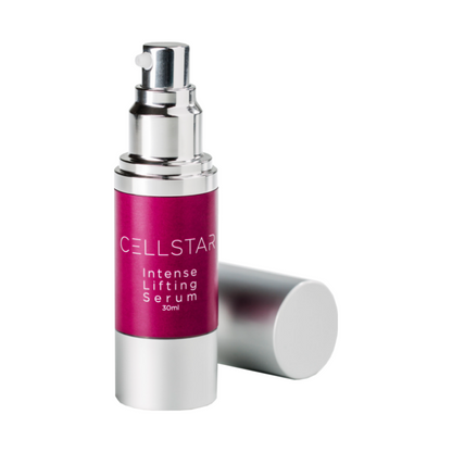 Das Bild zeigt das Cellstar Intense Lifting Serum in einem eleganten silbernen Flakon mit magentafarbenem Etikett (30 ml). Dieses Serum bietet eine einzigartige Wirkstoffkombination, die gezielt gegen alle Arten von Falten wirkt, die Gesichtskontur festigt und die Haut intensiv mit Feuchtigkeit versorgt. Es verfeinert die Poren, verbessert die Hautstruktur und steigert die Vitalität und Leuchtkraft der Haut für ein jugendliches Aussehen.