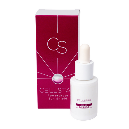 Die Cellstar Powerdrops Sun Shield SPF 50 bieten intensiven Sonnenschutz und Pflege in einem Produkt. Gezeigt wird die weiße Flasche mit Pipette und die pinke Verpackung. Mit einem hohen Lichtschutzfaktor schützt dieses Produkt die Haut zuverlässig vor schädlichen UV-Strahlen und beugt Hautalterung durch Sonneneinwirkung vor. Ideal für die tägliche Anwendung, um die Haut zu schützen.