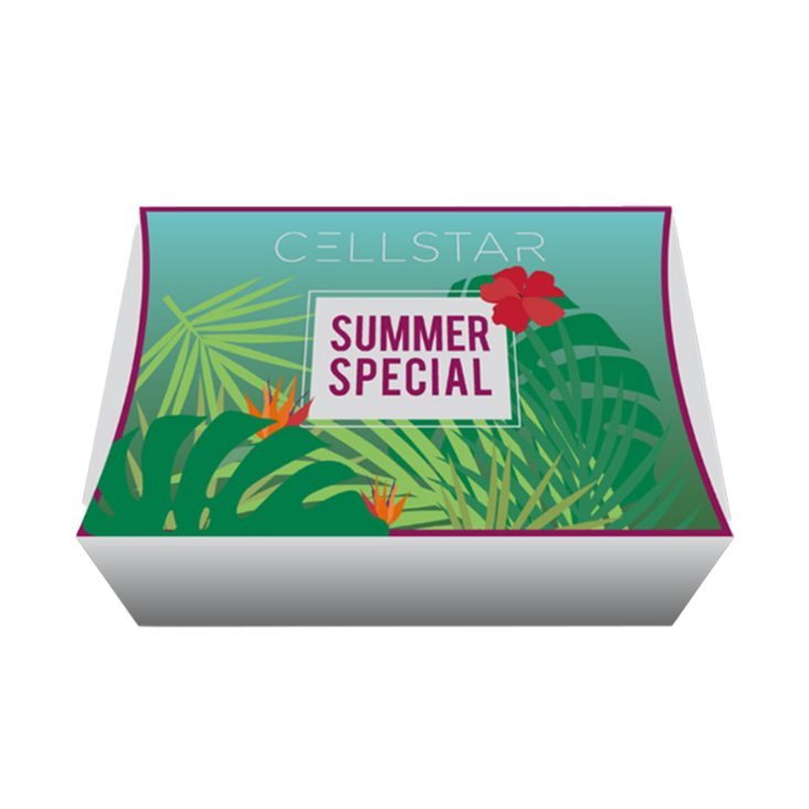Das Bild zeigt das Cellstar Summer Special, eine sommerlich gestaltete Box mit tropischen Pflanzenmotiven. Mit diesem Set strahlst du in der Sommersonne und bist perfekt vorbereitet: Die Intense Lifting Cream (50 ml) bekämpft erste Zeichen der Hautalterung und sorgt für einen frischen Teint, während die Cellstar Powerdrops Sun Shield (15 ml) die Haut vor schädlichen UVA- und UVB-Strahlen schützt, die Zellregeneration unterstützt und vorzeitige Hautalterung verhindert.