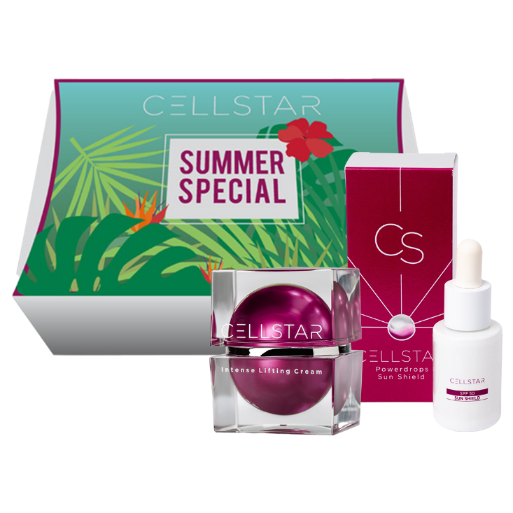 Das Bild zeigt das Cellstar Summer Special, eine sommerlich gestaltete Box mit tropischen Pflanzenmotiven. Mit diesem Set strahlst du in der Sommersonne und bist perfekt vorbereitet: Die Intense Lifting Cream (50 ml) bekämpft erste Zeichen der Hautalterung und sorgt für einen frischen Teint, während die Cellstar Powerdrops Sun Shield (15 ml) die Haut vor schädlichen UVA- und UVB-Strahlen schützt, die Zellregeneration unterstützt und vorzeitige Hautalterung verhindert.