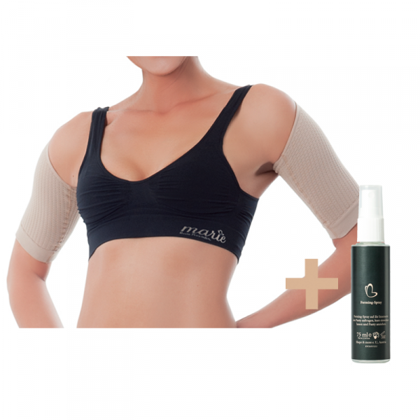 Der Marie Bolero hilft in Kombination mit dem Forming-Spray, schöne und straffe Oberarme zu erzielen. Das Set unterstützt die Reduktion von Winkearmen, bekämpft Cellulite und fördert die Fettverbrennung. Der Bolero formt das Gewebe, während der Forming-Spray die Hautelastizität verbessert und das Gewebe festigt.