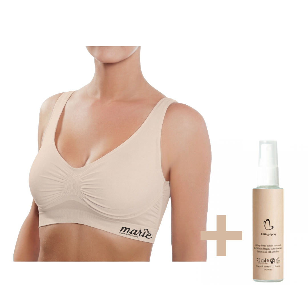 Der Marie Bra in Beige, kombiniert mit dem Lifting-Spray, ist ein effektives Shapewear-Produkt für die Straffung und Formung der weiblichen Brust. Der Bra bietet einen Push-up-Effekt und unterstützt ein schön geformtes Dekolleté. Das Set aus Bra und Lifting-Spray sorgt für straffere Haut und ein perfektes Erscheinungsbild des Dekolletés