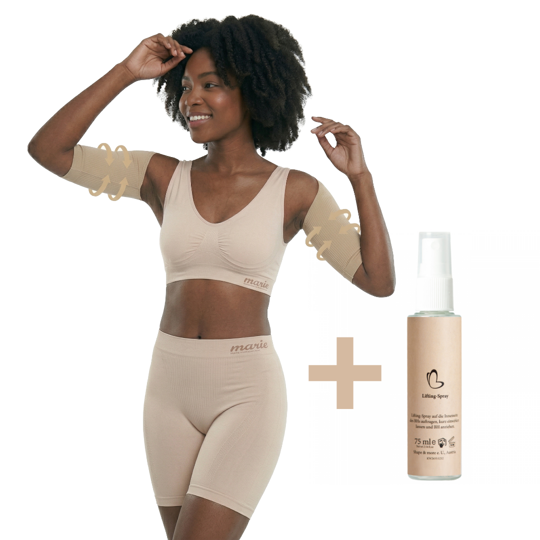 Produktbild des Marie Sets von der innovativen Shapewear-Marke Marie - Beste Freundin, bestehend aus der Mary Panty, dem Lifting-Spray und dem Marie Bra. Die Mary Panty und der Marie Bra sind in Schwarz gehalten und bieten gezielte Unterstützung, während der Lifting-Spray für Hautstraffung und Pflege sorgt.