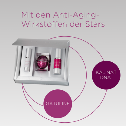 Das Bild zeigt die Cellstar Beauty Box, die aus drei Produkten besteht: der Intense Eye Cream, der Intense Lifting Cream und dem Intense Lifting Serum. Die Infografik hebt die Anti-Aging-Wirkstoffe Gatuline und Kalinat DNA hervor, die für ihre verjüngenden und hautpflegenden Eigenschaften bekannt sind. Der Slogan „Mit den Anti-Aging-Wirkstoffen der Stars“ betont die Wirksamkeit und Exklusivität der Produkte.