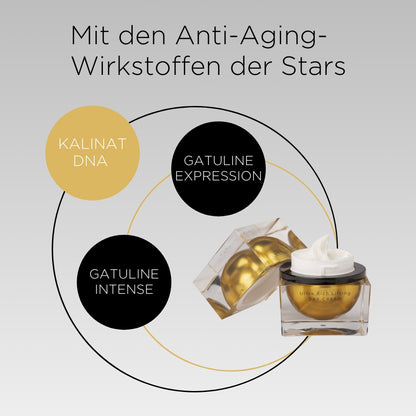 Das Bild zeigt die Cellstar Ultra Rich Lifting Day Cream, umgeben von ihren Hauptwirkstoffen, die in einem Kreisdiagramm dargestellt sind: Kalinat DNA, Gatuline Intense und Gatuline Expression. Diese Anti-Aging-Wirkstoffe der Stars sollen die Haut straffen, Falten reduzieren und die Gesichtskontur festigen.