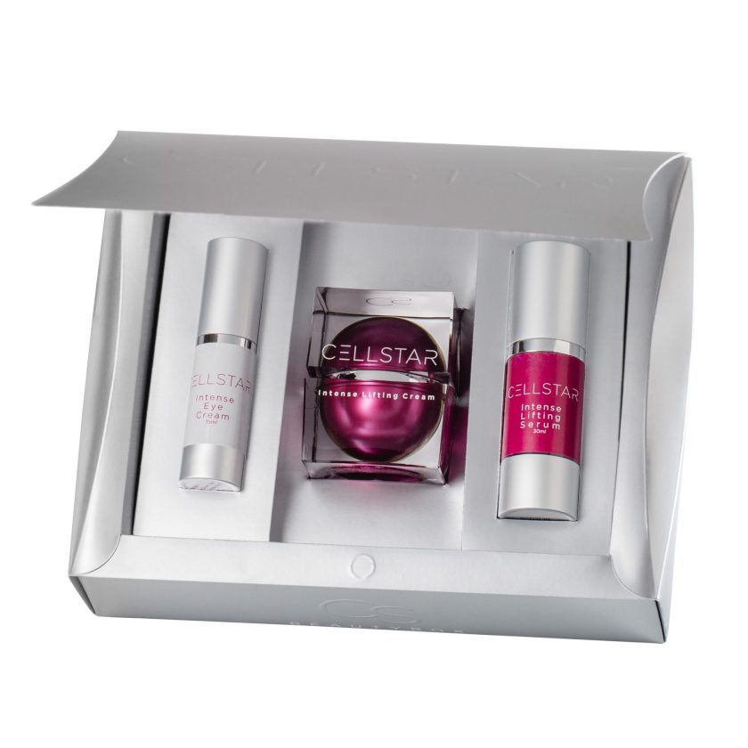 Die Cellstar Beauty Box: geöffnete Box gefüllt mit Cellstar Intense Lifting Eye Cream, Intense Lifting Serum und Intense Lifting Cream